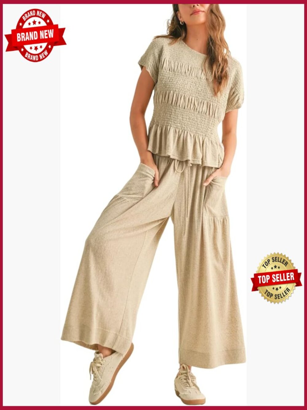Womens 2 Piece Smocked Top Wide-Leg Pants Set Lounge Outfit with Pockets Boho